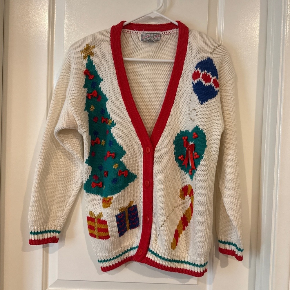 Spice of Life Womens S Cardigan White Vintage Christmas Tree Candy Cane Knit